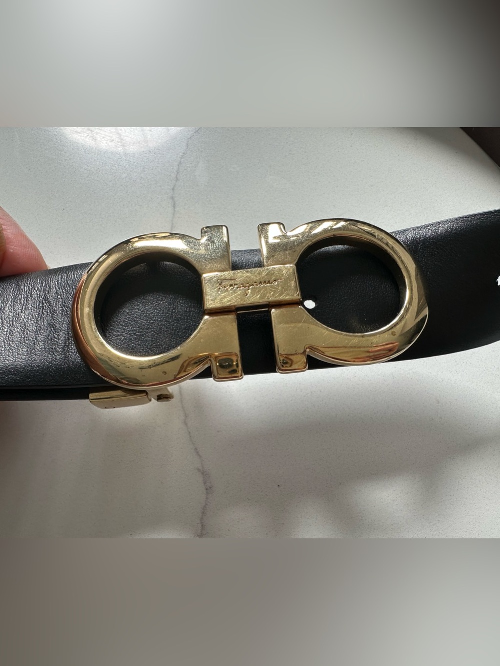 Black Leather Belt with Gold Double Gancini Buckle